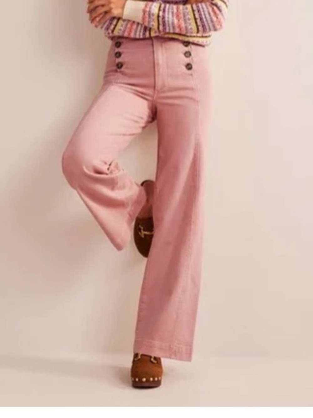 Boden Pink High-Waist Wide-Leg Button Pants